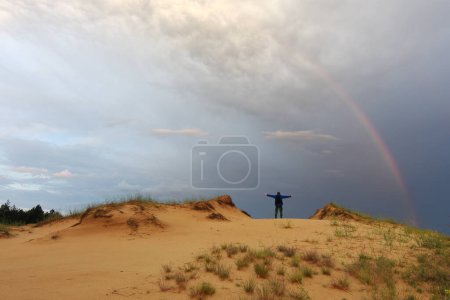 Photo for Thunderstorm and Rainbow in the desert. Ukrainian desert "Oleshkiv sands". - Royalty Free Image