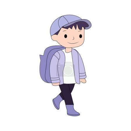Illustration for Happy smile student boy walk go to school carrying backpack vector doodle kids illustration. - Royalty Free Image