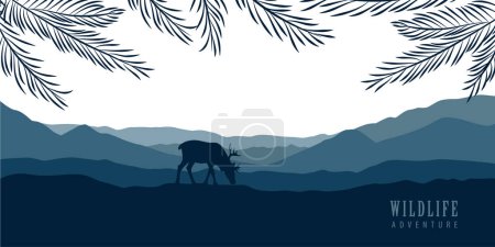 Illustration for Wildlife deer in forest with mountain view blue nature landscape vector illustration EPS10 - Royalty Free Image