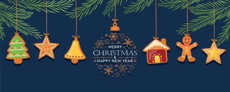 christmas card with hanging gingerbread cookies decoration and fir branches vector illustration EPS10