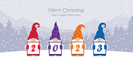 Téléchargez les illustrations : Christmas greeting card 2023 with cute christmas dwarf and snowy landscape vector illustration EPS10 - en licence libre de droit