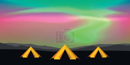 Téléchargez les illustrations : Tente jaune camping aventure avec aurore boréale lumières polaires fond vectoriel illustration EPS10 - en licence libre de droit