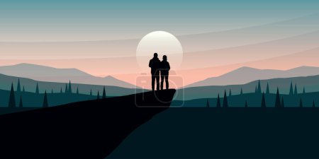 wanderlust adventure couple in the wilderness at sunset green landscape vector illustration EPS10