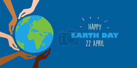 glückliche Erde Tag Planet in der Mitte der menschlichen Hände mit verschiedenen Hautfarben Vektorillustration EPS10