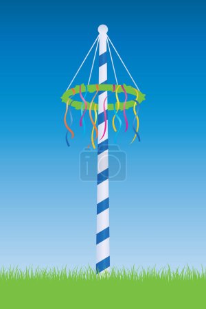 maypole with colorful ribbons on blue sky background vector illustration EPS10