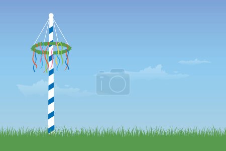 maypole with colorful ribbons on green meadow vector illustration EPS10