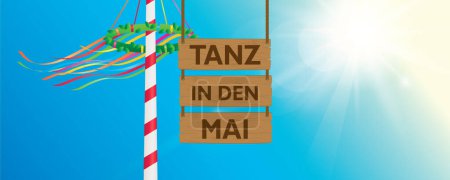 hanging wooden sign -tanz in den mai- maypole with colorful ribbons vector illustration EPS10