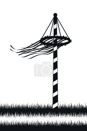 maypole with ribbons on meadow silhouette on white vector illustration EPS10