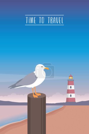 Travel marine design lighthouse and sea gull by the ocean vector illustration EPS10