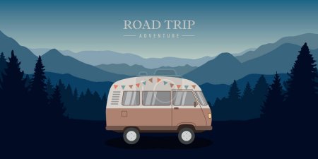 Illustration pour Road trip aventure en pleine nature avec illustration vectorielle camping-car EPS10 - image libre de droit