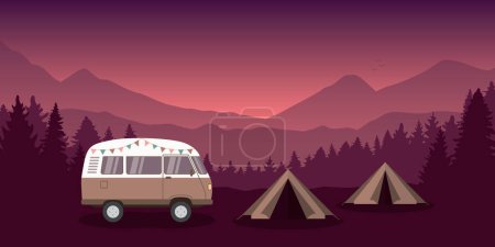 Illustration pour Camping aventure en pleine nature avec camping-car et tente vectorielle illustration EPS10 - image libre de droit