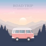 camping adventure in the wilderness camper van in forest and mountain landscape vector illustration EPS10