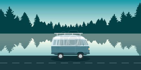 Ilustración de Aventura de viaje por carretera con autocaravana van por el lago y el bosque de pinos naturaleza vector ilustración EPS10 - Imagen libre de derechos