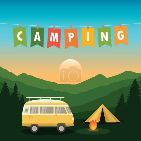 Illustration pour Camping aventure dans la nature sauvage tente et camping-car sur forêt montagne paysage vectoriel illustration EPS10 - image libre de droit