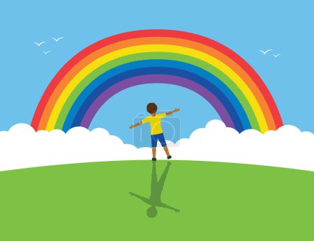 Ilustración de Lindo niño de pie bajo el arco iris en verde pradera vector ilustración EPS10 - Imagen libre de derechos