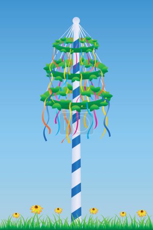 maypole with colorful ribbons on blue sky background vector illustration