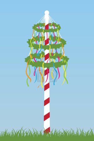 maypole with colorful ribbons on blue sky background vector illustration