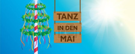 hanging wooden sign tanz in den mai maypole with colorful ribbons vector illustration