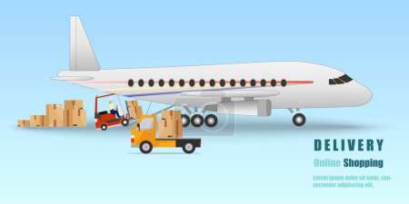 Illustration for Transportation by plane, cutting-edge transportation technology,  cargo loading onto airplanes, cargo handling with forklifts and smooth ground transportation by trucks,Vector Illustration. - Royalty Free Image