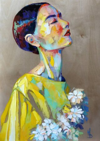 Abstraktes Porträt eines Mädchens mit einer Blume. Porträt eines Mädchens im Profil. Ölporträtmalerei in bunten Tönen. Abstraktes Bild eines schönen Mädchens. Konzeptionelle Nahaufnahme eines Ölgemäldes und