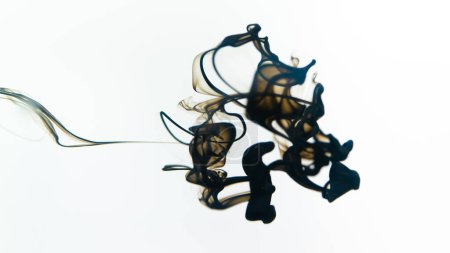 Schwarze Tuschewirbel bilden zarte Muster, die elegant durch klares Wasser diffundieren und einem abstrakten Ballett ähneln. Farbe wirbelt im Wasser.