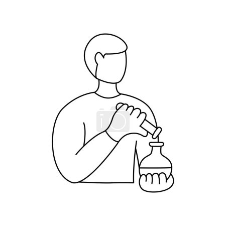 Illustration for Boy holds test tubes in his hands. Line illustration, editable stroke - Royalty Free Image