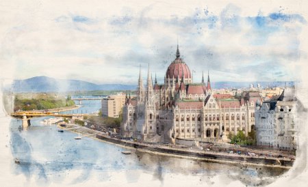 Téléchargez les photos : Hungarian Parliament building at spring in Budapest, Hungary in watercolor illustration style. - en image libre de droit