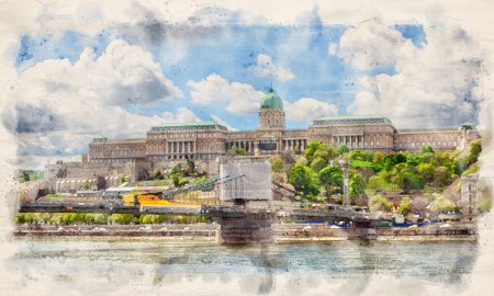 Foto de Castillo de Buda en Budapest, Hungría en acuarela estilo ilustración. - Imagen libre de derechos