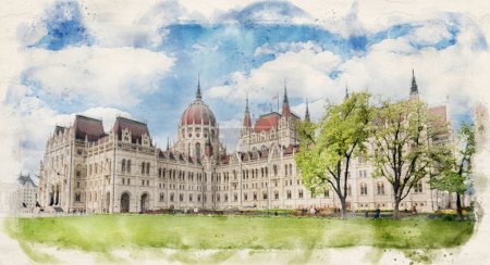 Téléchargez les photos : Hungarian Parliament building at spring in Budapest, Hungary in watercolor illustration style. - en image libre de droit