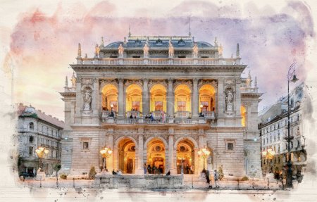 Téléchargez les photos : L'Opéra royal d'État hongrois à Budapest, Hongrie dans un style d'illustration aquarelle. - en image libre de droit