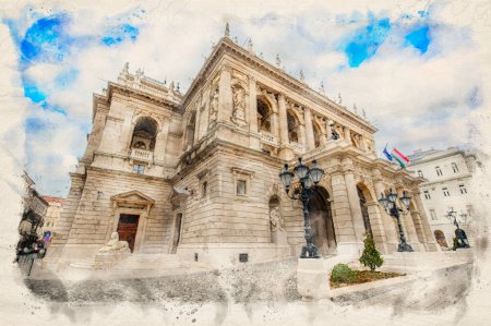 Téléchargez les photos : L'Opéra royal d'État hongrois à Budapest, Hongrie dans un style d'illustration aquarelle. - en image libre de droit
