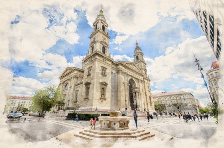 Photo for St. Stephen's Basilica in Budapest, Hungary in watercolor illustration style. - Royalty Free Image