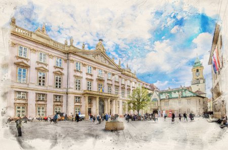 Foto de Primate Palace en Primacialne namestie (Plaza de primados) en Bratislava, Eslovaquia en estilo de ilustración de acuarela. - Imagen libre de derechos