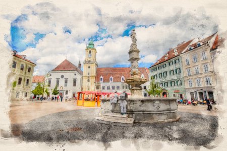 Foto de El Ayuntamiento Viejo y la fuente de Maximiliano en Bratislava, Eslovaquia en acuarela estilo ilustración. - Imagen libre de derechos