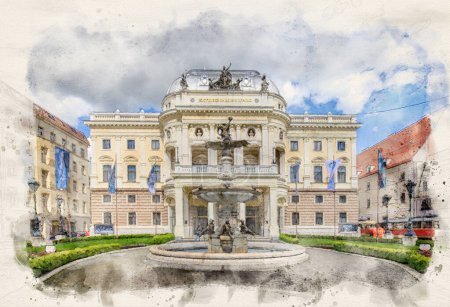 Téléchargez les photos : Théâtre national slovaque à Bratislava, Slovaquie en aquarelle style illustration. - en image libre de droit