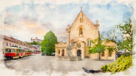 Téléchargez les photos : Church of St. Stephen of Hungary and the Bratislava castle in Bratislava, Slovakia in watercolor illustration style. - en image libre de droit
