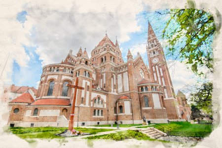 Photo for The Votive Church and Cathedral of Our Lady of Hungary in Szeged, Hungary in watercolor illustration style. - Royalty Free Image