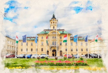 Photo for The City Hall of Szeged, Hungary in watercolor illustration style. - Royalty Free Image