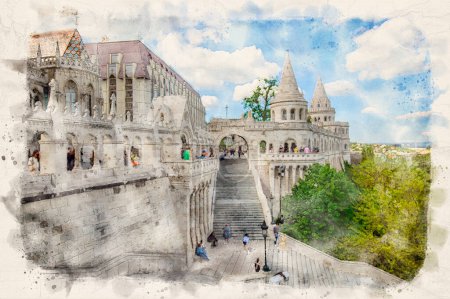 Téléchargez les photos : Fisherman's Bastion in Budapest, Hungary in watercolor illustration style. - en image libre de droit