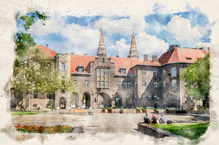 Téléchargez les photos : University of Dentistry named after Albert Szent-Gyorgyi next to Dom square and Votive Church in Szeged, Hungary in watercolor illustration style. - en image libre de droit