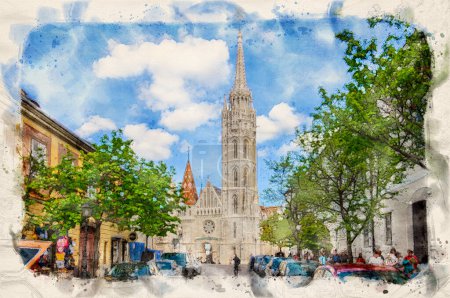 Téléchargez les photos : Eglise Matthias devant le Bastion des Pêcheurs à Budapest, Hongrie en aquarelle style illustration. - en image libre de droit