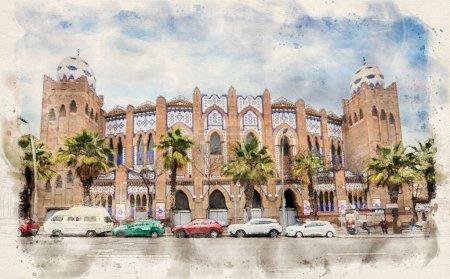 Photo for The Plaza de Toros Monumental de Barcelona, Spain in watercolor style illustration - Royalty Free Image