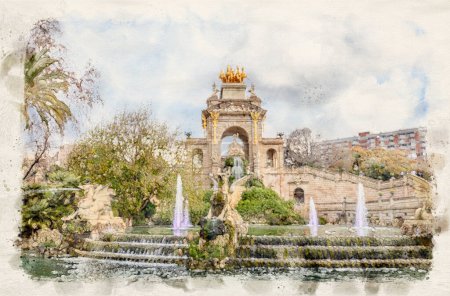 Téléchargez les photos : Cascada del Parc de la Ciutadella à Barcelone, Espagne. Fontaine et monument avec une arche et la statue centrale de Vénus dans un parc du XIXe siècle en aquarelle illustration de style - en image libre de droit