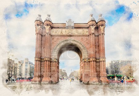 Téléchargez les photos : L'Arc de Triomf ou Arco de Triunfo à Barcelone, Espagne en aquarelle illustration de style - en image libre de droit