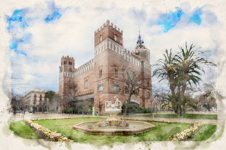 Téléchargez les photos : Château de Tres Dragons dans le Parc de la Ciutadella à Barcelone, Espagne en aquarelle illustration de style - en image libre de droit