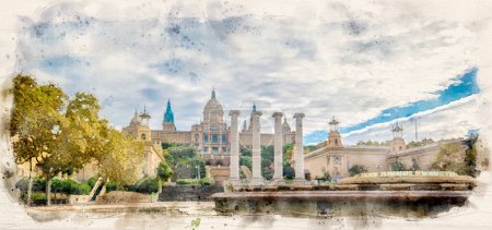 Photo for Barcelona, Spain. View at Plaza de Espanya and Palau de Montjuich - Catalonian national art museum MNAC on Montjuic mountain. The Palau Nacional. Watercolor style illustration - Royalty Free Image