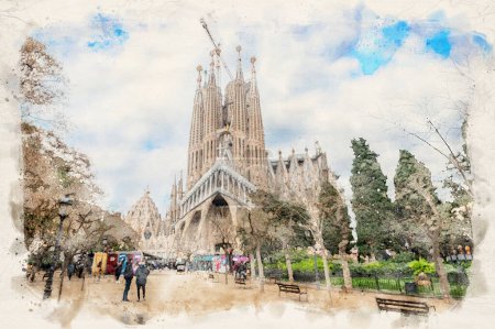 Photo for Cathedral of La Sagrada Familia in Barcelona, Spain in watercolor style illustration - Royalty Free Image