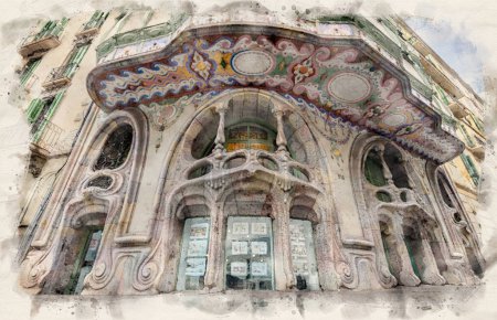 Téléchargez les photos : Maison Comalat (Casa Comalat) à Barcelone, Espagne en illustration de style aquarelle - en image libre de droit