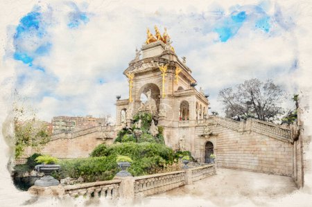 Photo for Cascada del Parc de la Ciutadella in Barcelona, Spain. Fountain and monument with an arch and central Venus statue in a 19th-century park in watercolor style illustration - Royalty Free Image