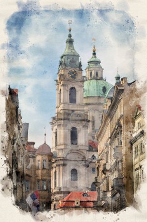 Téléchargez les photos : Eglise St Nicholas à Prague, République tchèque en aquarelle style illustration - en image libre de droit